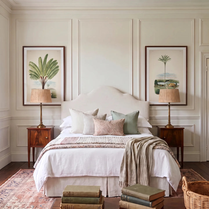 Astrocaryum Giganteum and Astrocaryum Princeps Vintage Palm Pair framed either side of a bed
