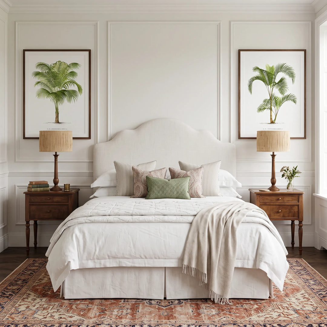Geonoma Gracilis and Hyophorbe Indica Vintage Palm Pair framed either side of a bed