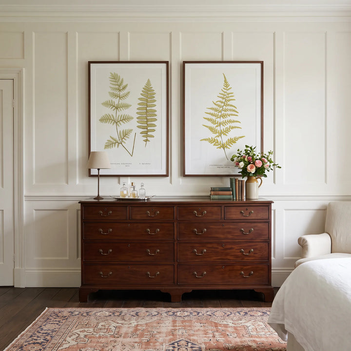 Nothochlaena and Gymnogramma Chrysophylla Vintage Fern Pair framed above a bedroom chest of drawers