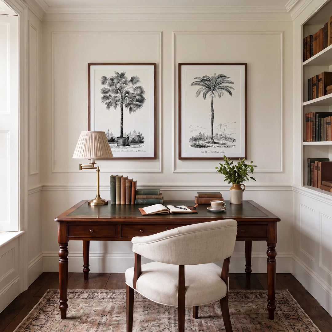 Bermuda Palmetto and Royal Palm Vintage Palm Pair framed above a study desk