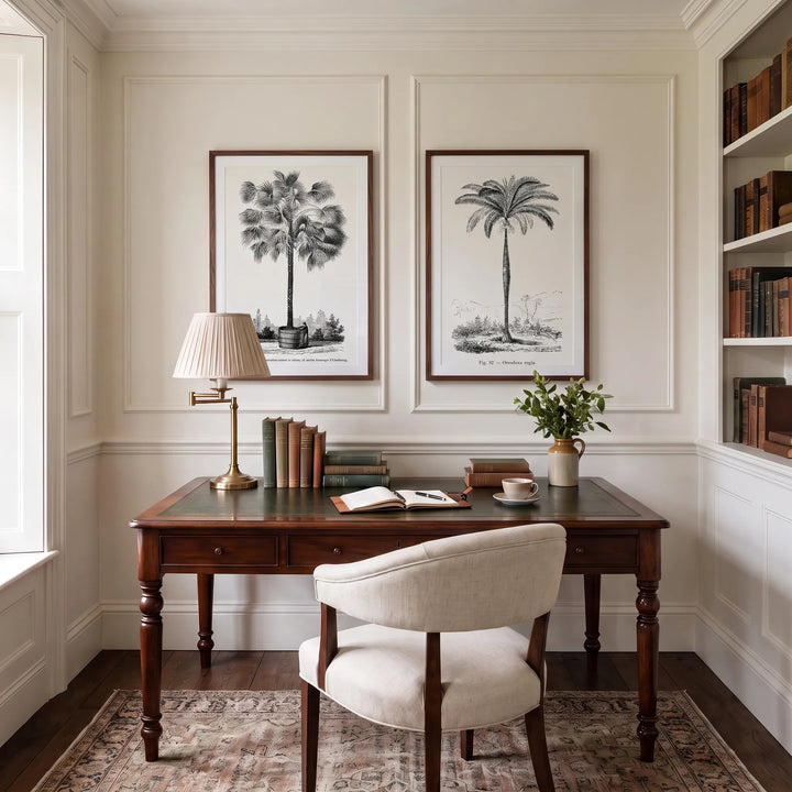 Bermuda Palmetto and Royal Palm Vintage Palm Pair framed above a study desk