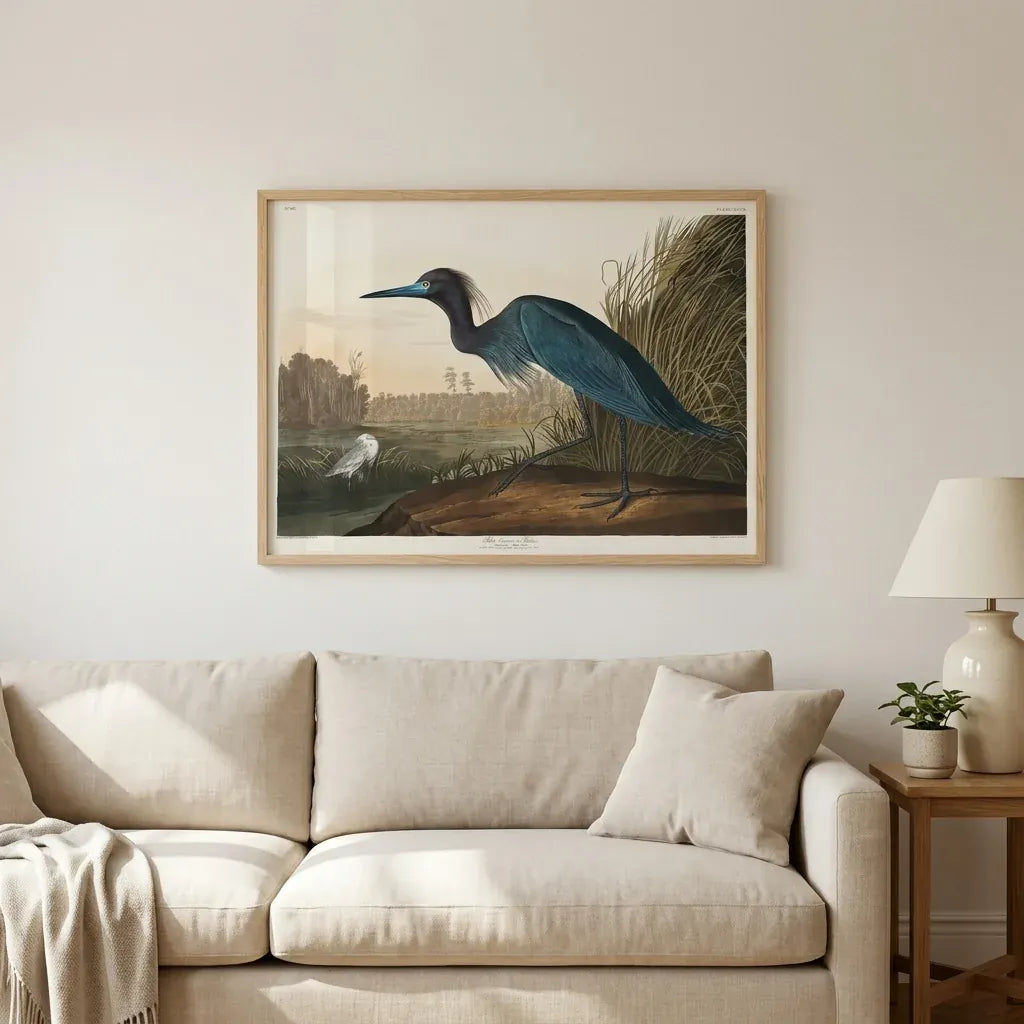 Room mockup featuring Blue Crane by John James Audubon Vintage Art Print