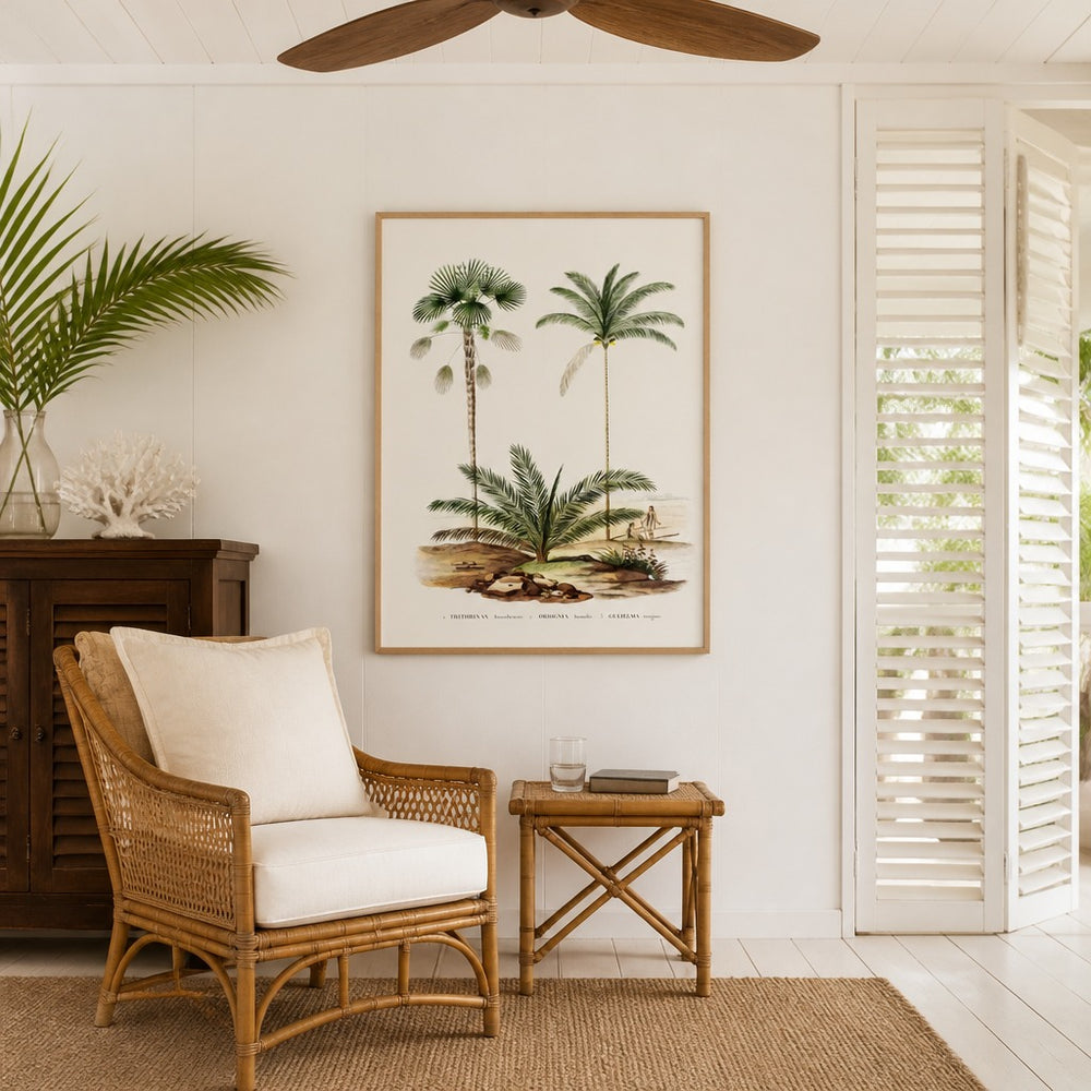 Brazilian Palms No. 10 vintage palm art print framed in a white island plantation house