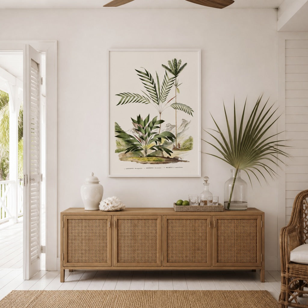 Brazilian Palms No. 12 vintage palm art print framed in a white island plantation house