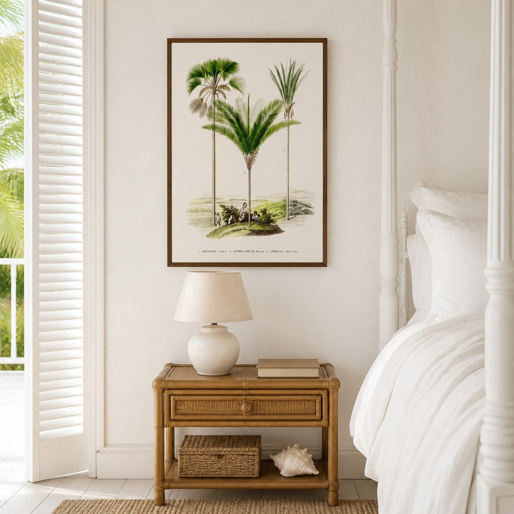 Brazilian Palms No. 13 vintage palm art print framed in a white island plantation house