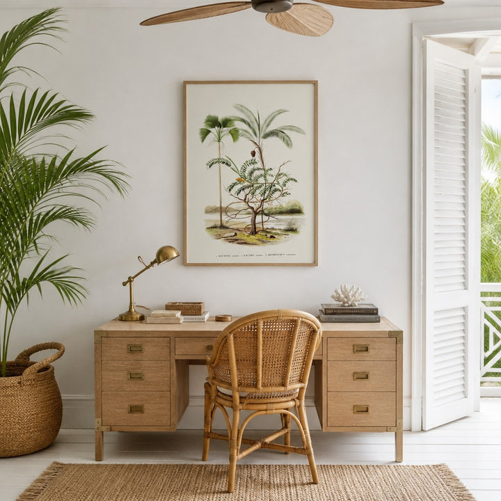 Brazilian Palms No. 14 vintage palm art print framed in a white island plantation house