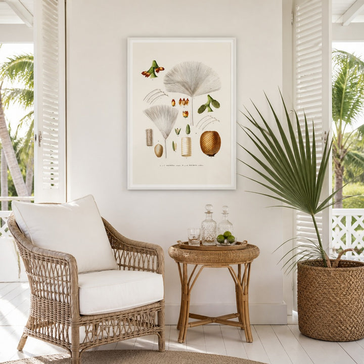 Brazilian Palms No. 16 vintage palm art print framed in a white island plantation house