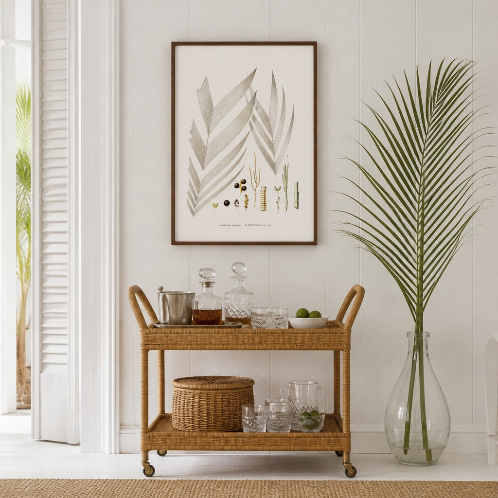 Brazilian Palms No. 17 vintage palm art print framed in a white island plantation house