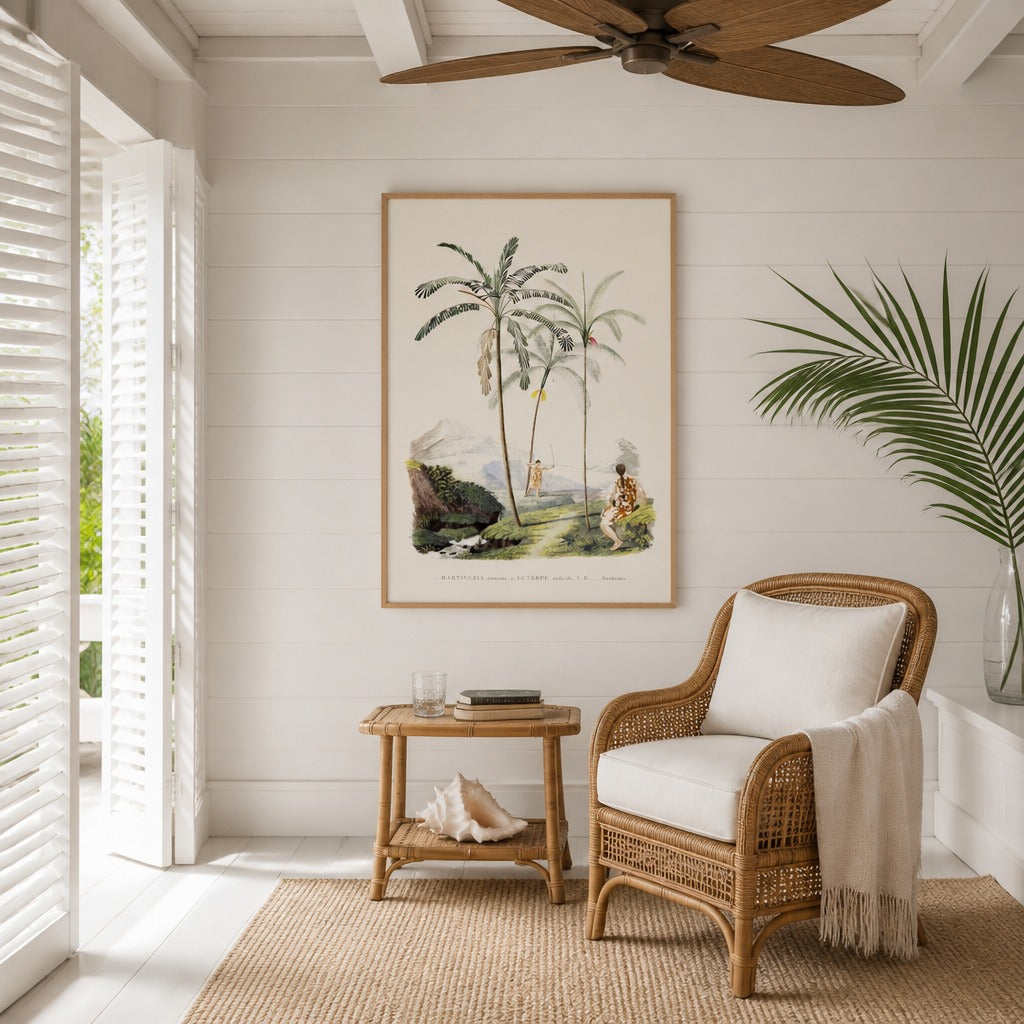 Brazilian Palms No. 2 vintage palm art print framed in a white island plantation house