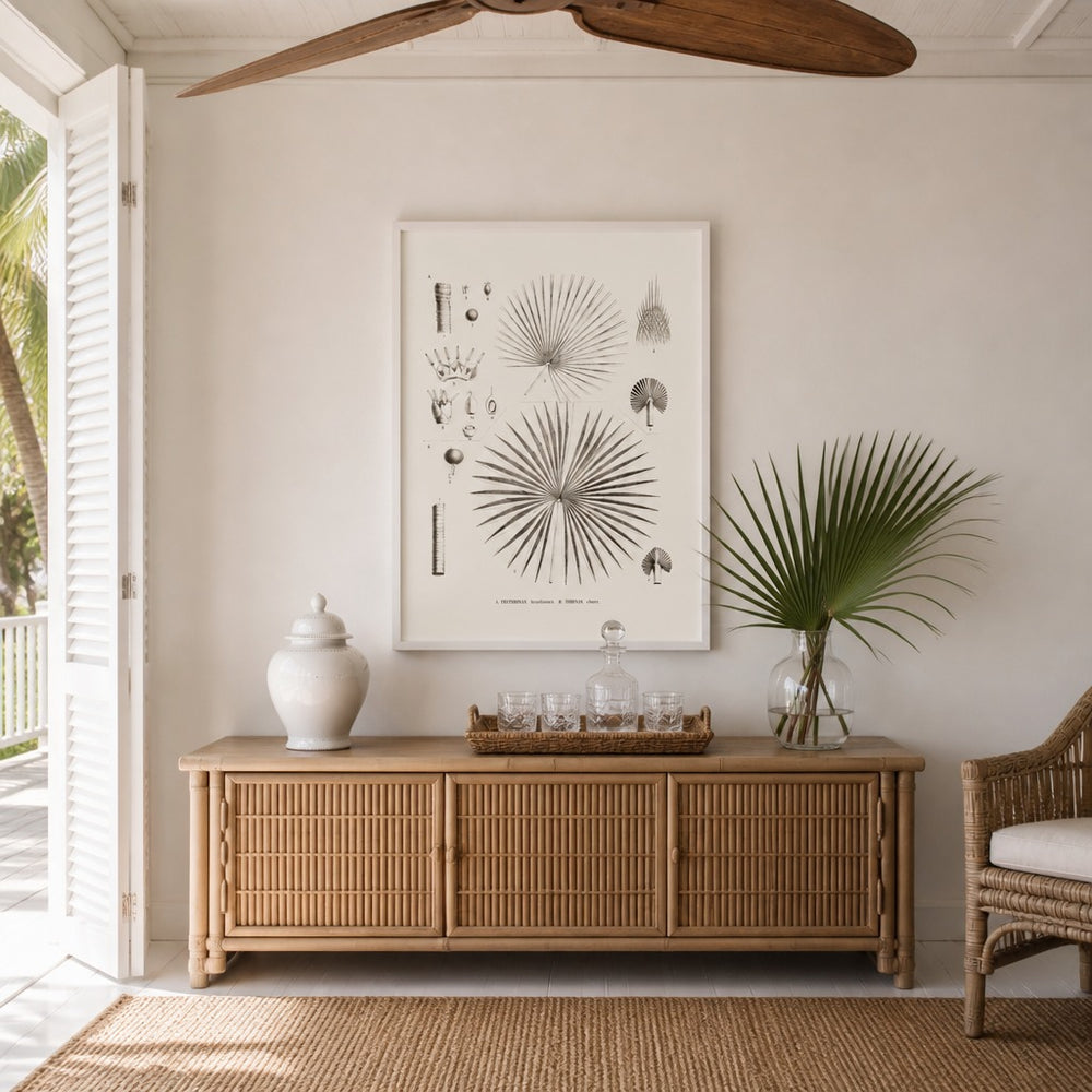 Brazilian Palms No. 20 vintage palm art print framed in a white island plantation house