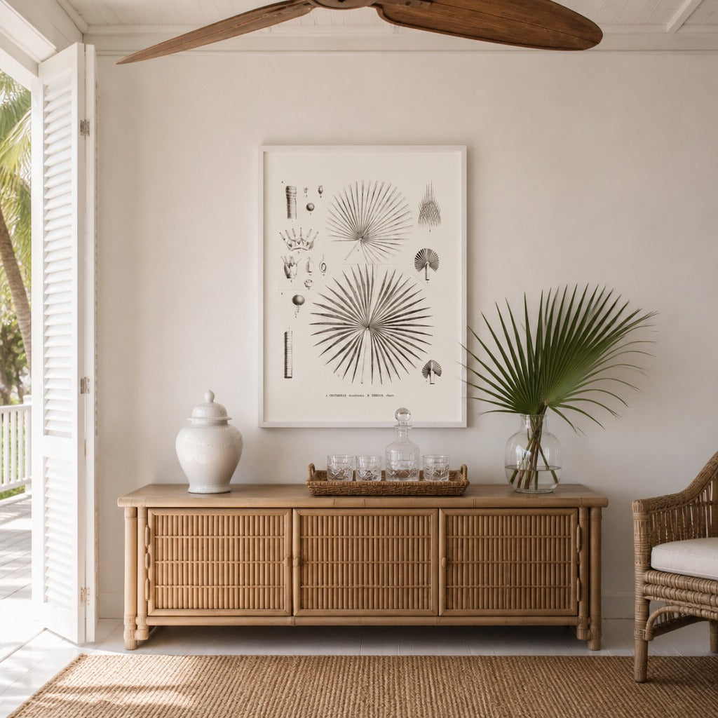 Brazilian Palms No. 20 vintage palm art print framed in a white island plantation house