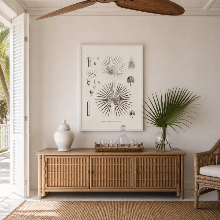 Brazilian Palms No. 20 vintage palm art print framed in a white island plantation house