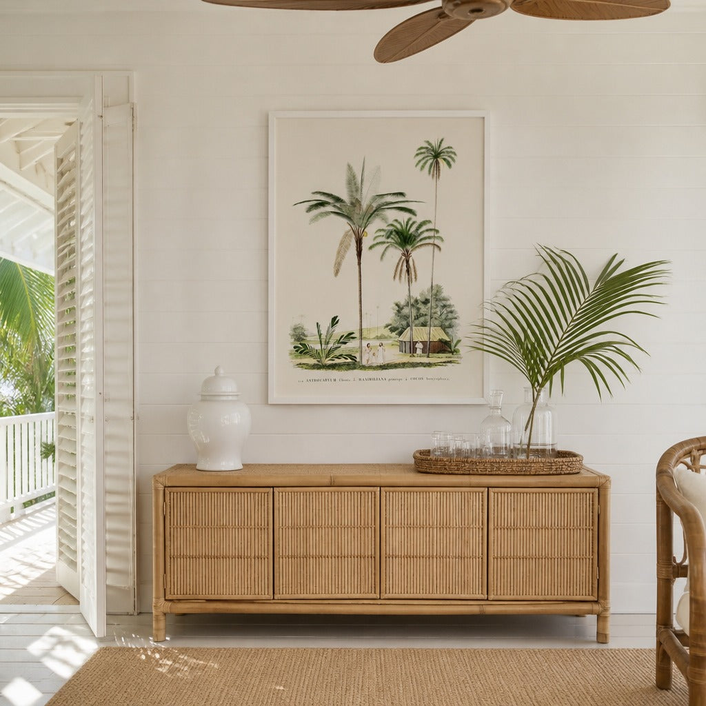 Brazilian Palms No. 4 vintage palm art print framed in a white island plantation house