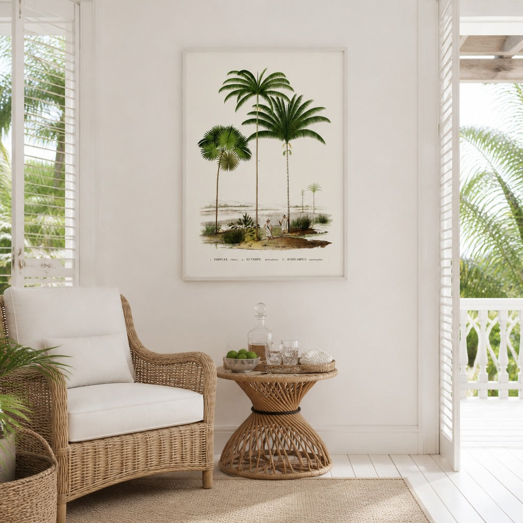 Brazilian Palms No. 8 vintage palm art print framed in a white island plantation house