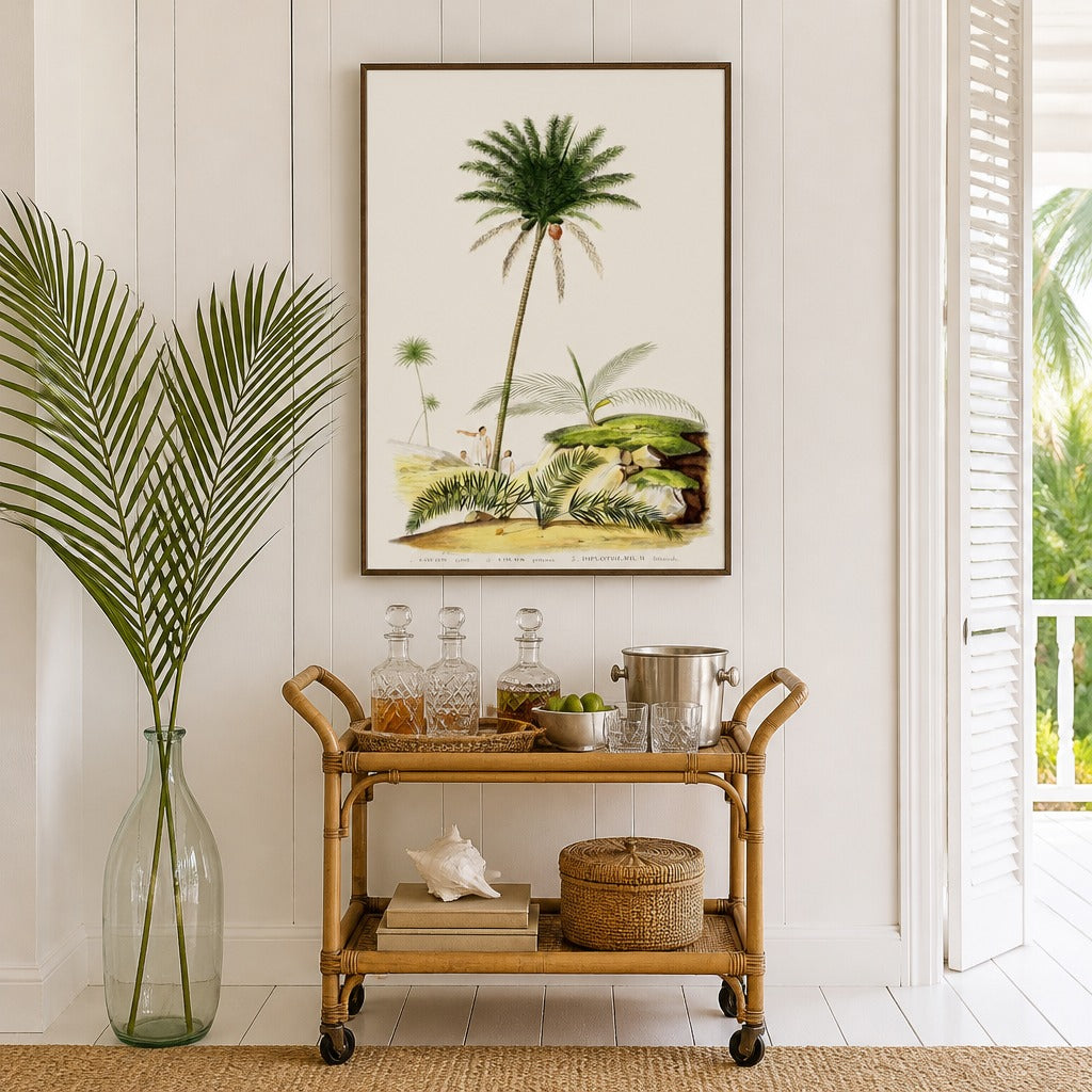 Brazilian Palms No. 9 vintage palm art print framed in a white island plantation house