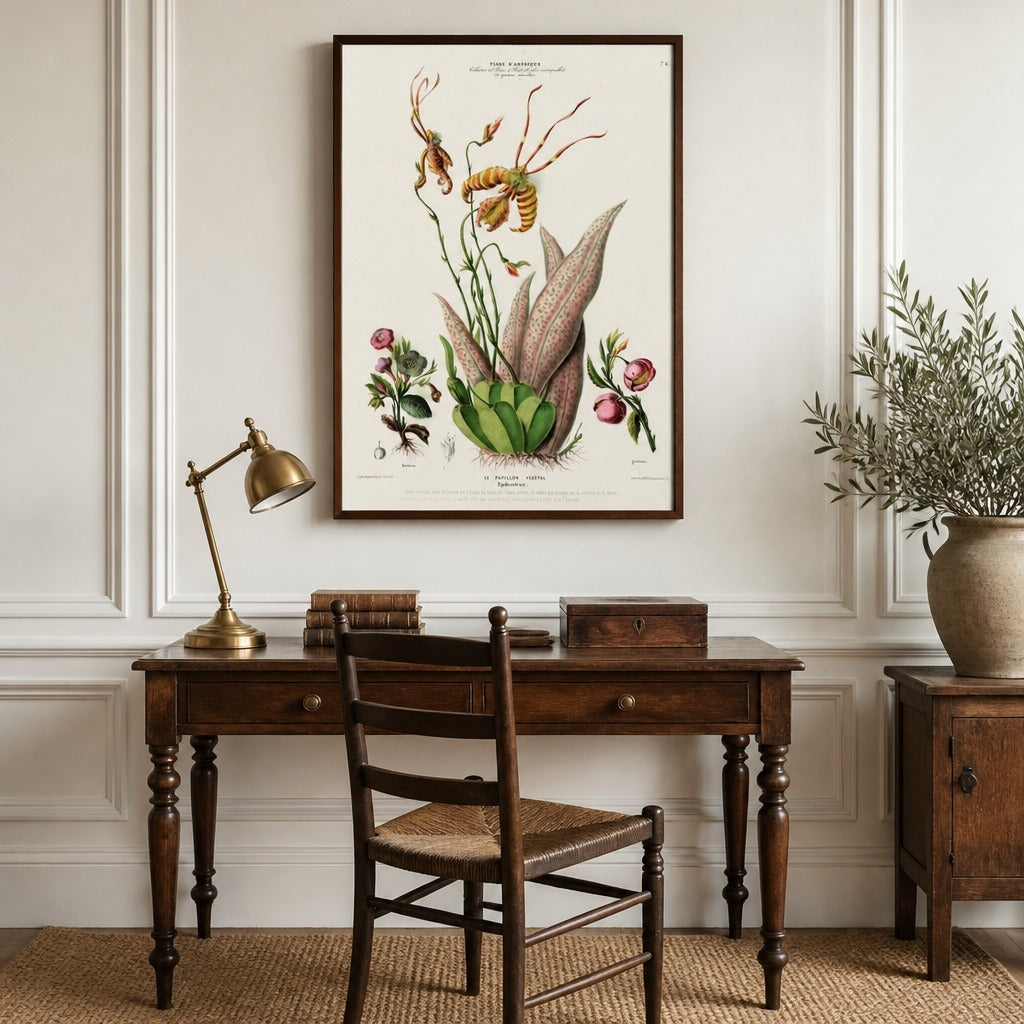 Butterfly Orchid Vintage Botanical framed in a traditional home