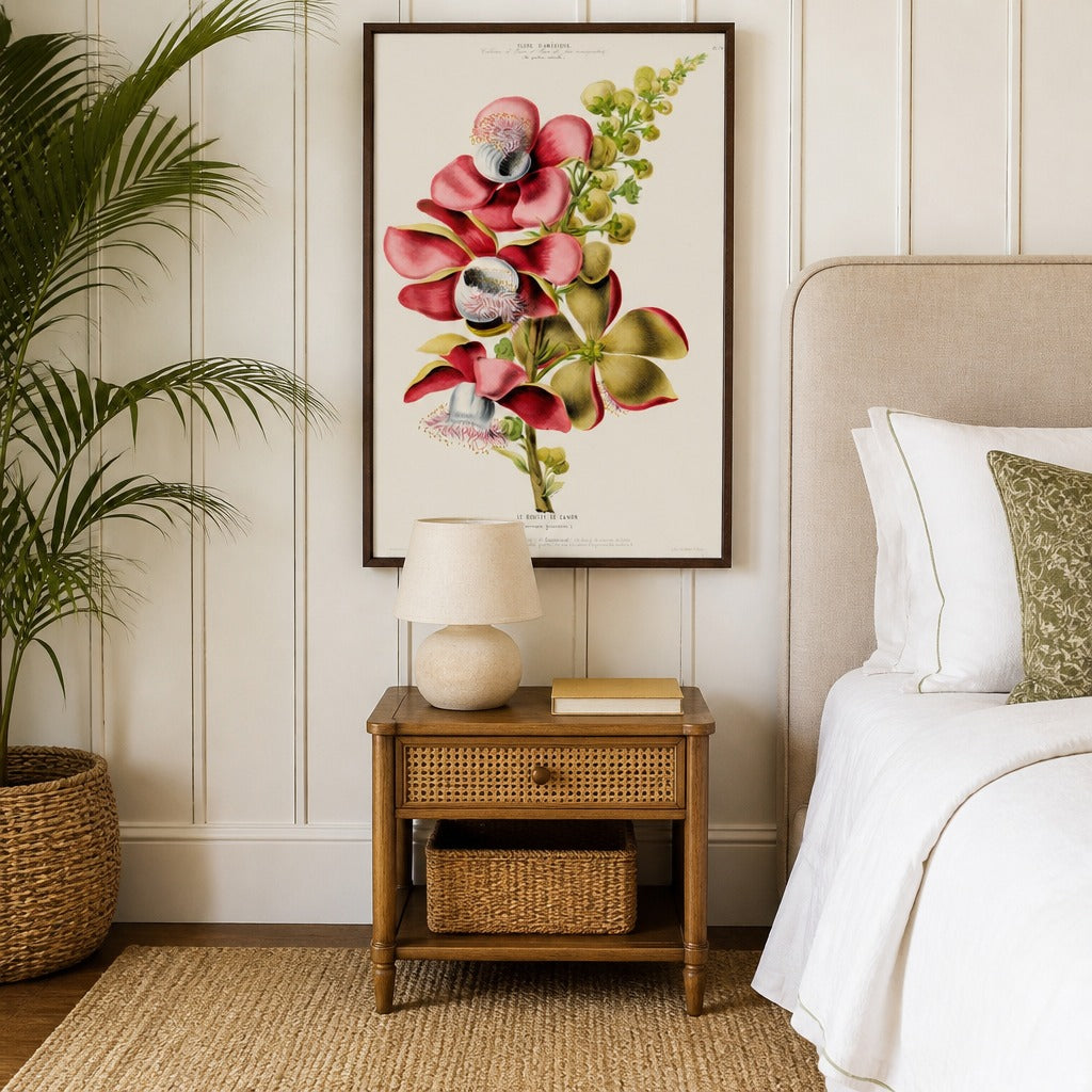 Cannonball Tree Flower Vintage Botanical Art Print in a styled room