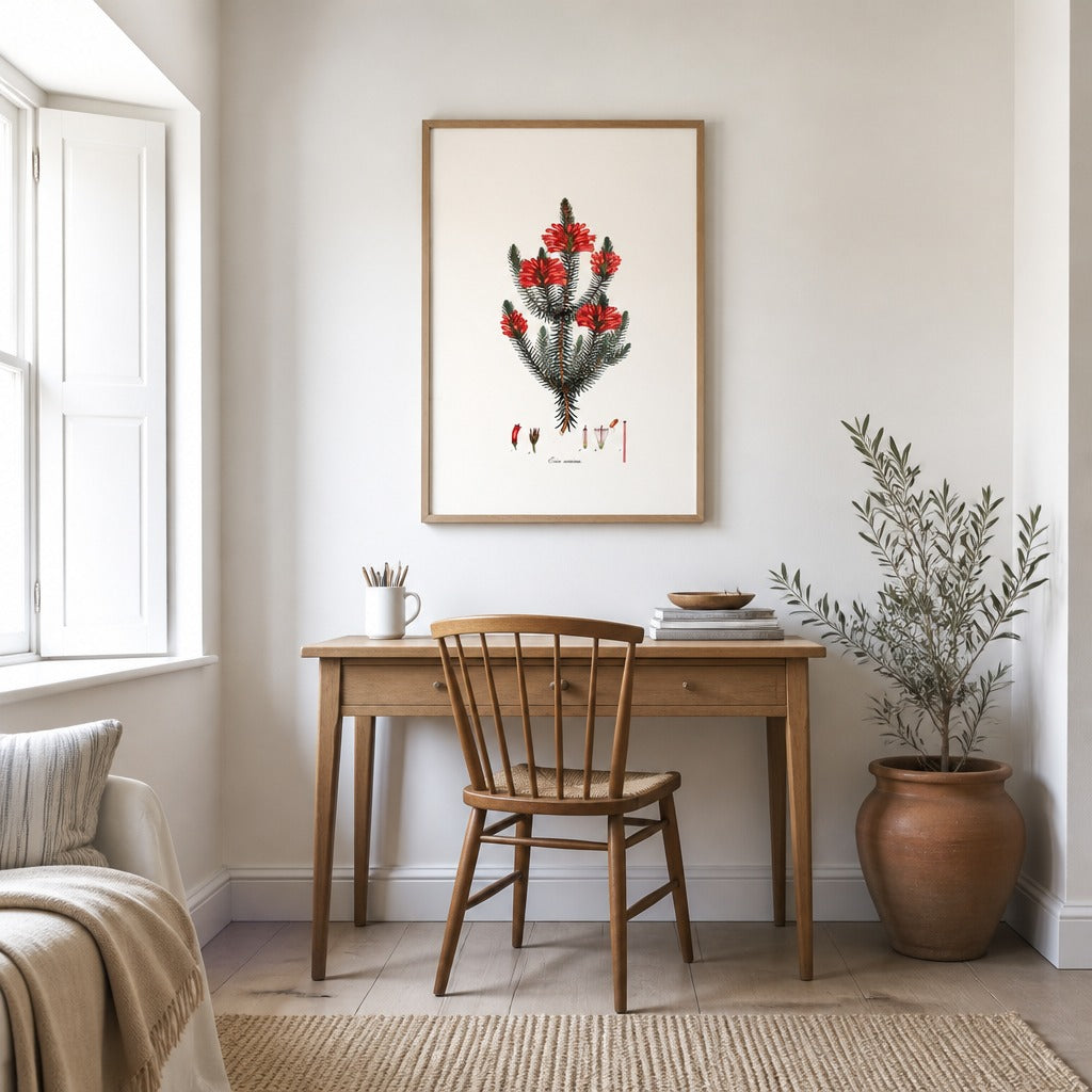 Erica coccinea Cape fynbos art print framed in a South African farmhouse