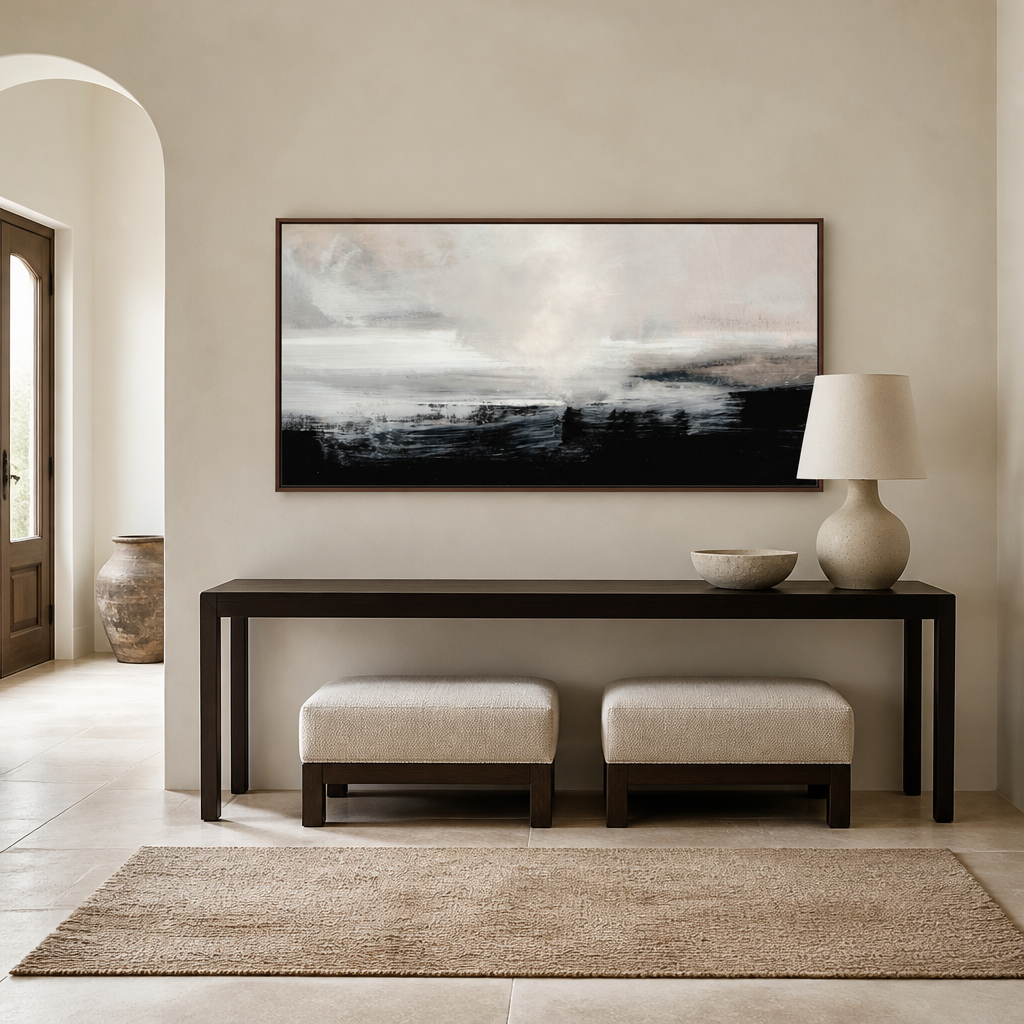 Clouds in Neutral Abstract Large Canvas Art above an entrance-hall console