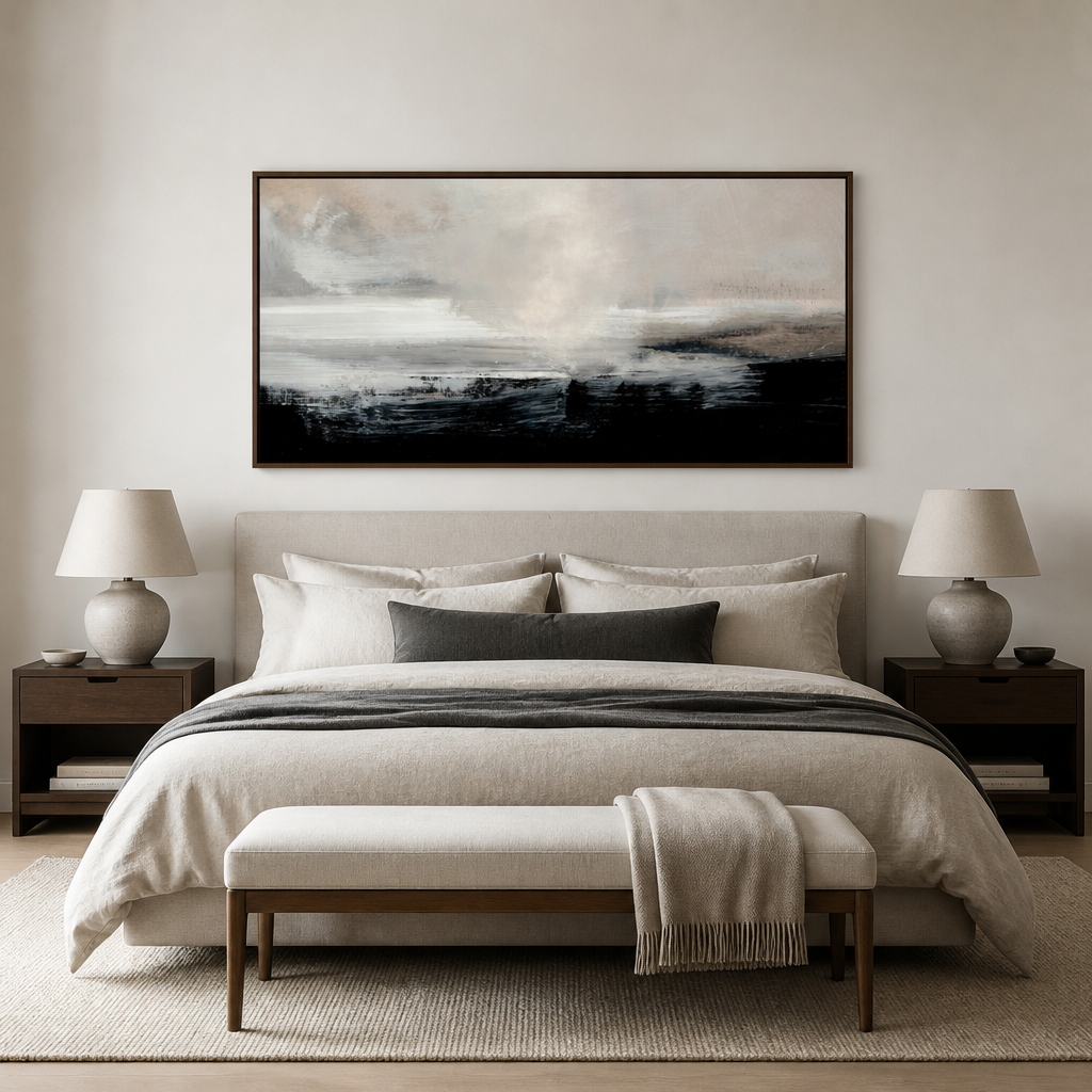 Clouds in Neutral Abstract Large Canvas Art shown in a styled room