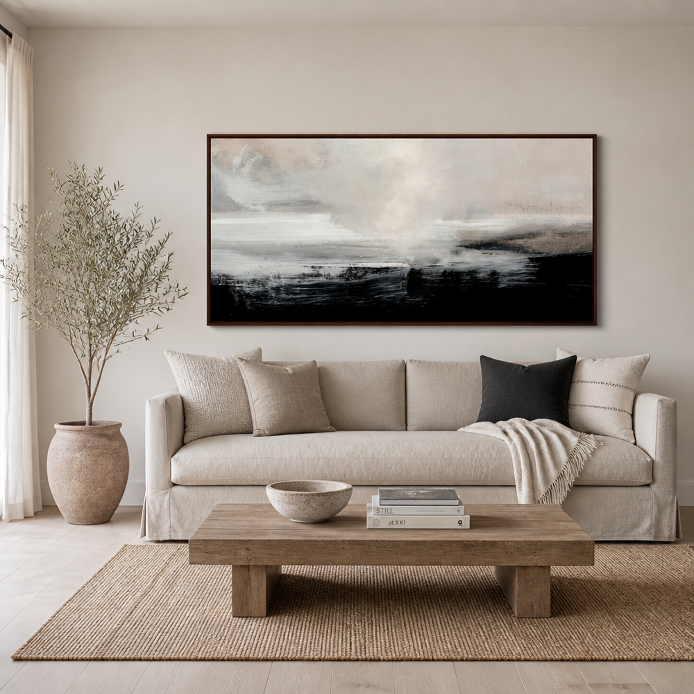 Clouds in Neutral Abstract Large Canvas Art above a living-room couch