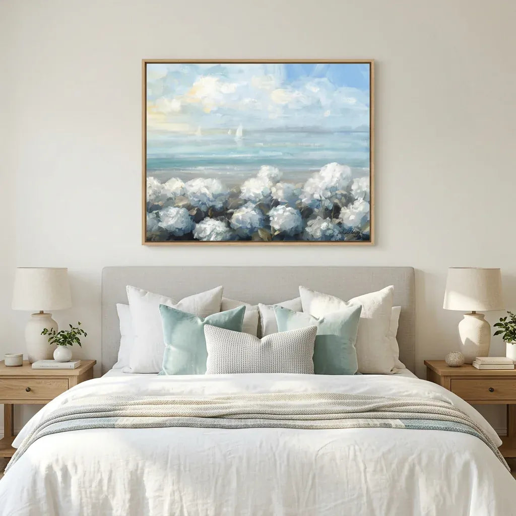 Room mockup featuring Coastal Hydrangea Serenity Art Print
