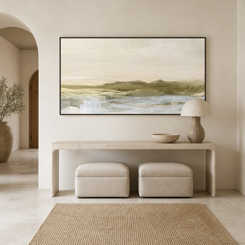 Coastal Serene Horizon Large Canvas Art above an entrance-hall console
