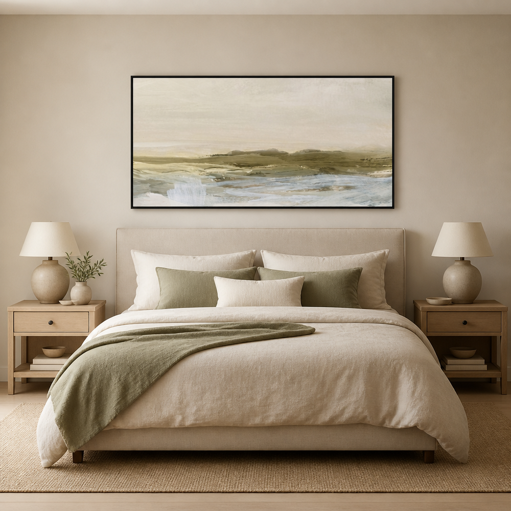 Coastal Serene Horizon Large Canvas Art above a king bed