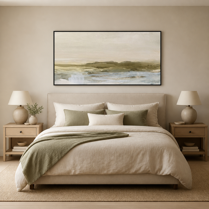 Coastal Serene Horizon Large Canvas Art above a king bed
