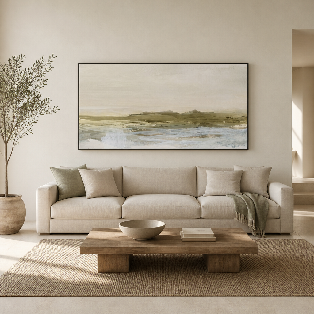Coastal Serene Horizon Large Canvas Art above a living-room couch