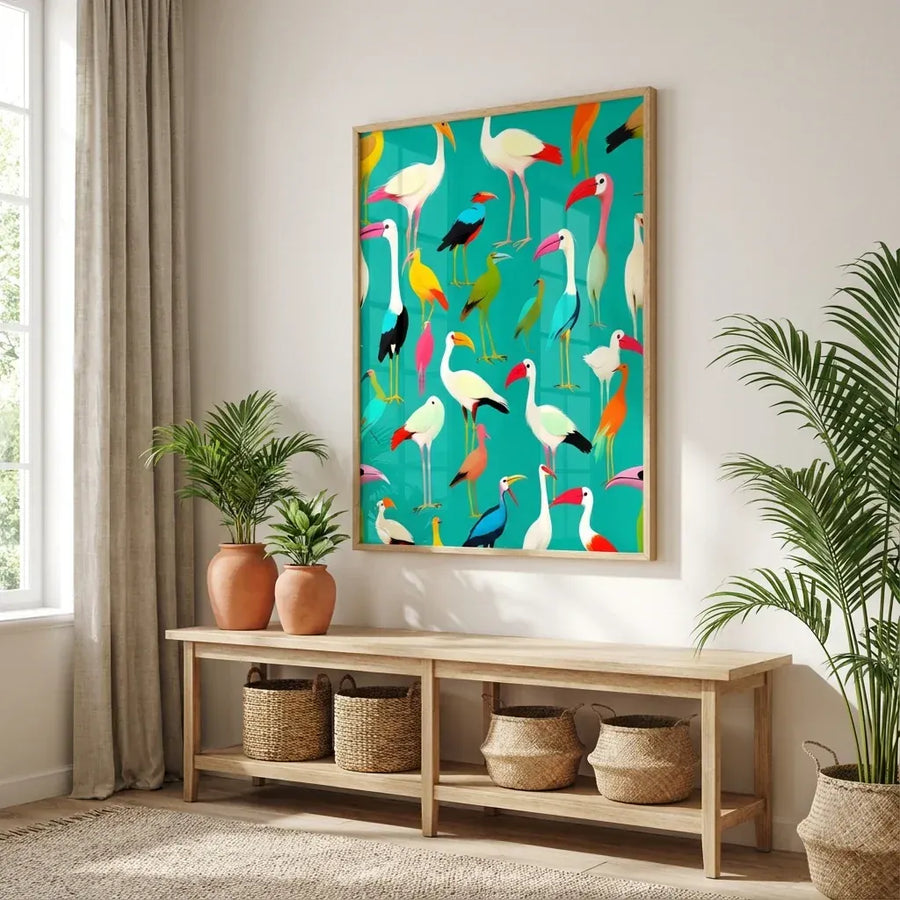Colorful Bird Serenity Art Print in a room setting
