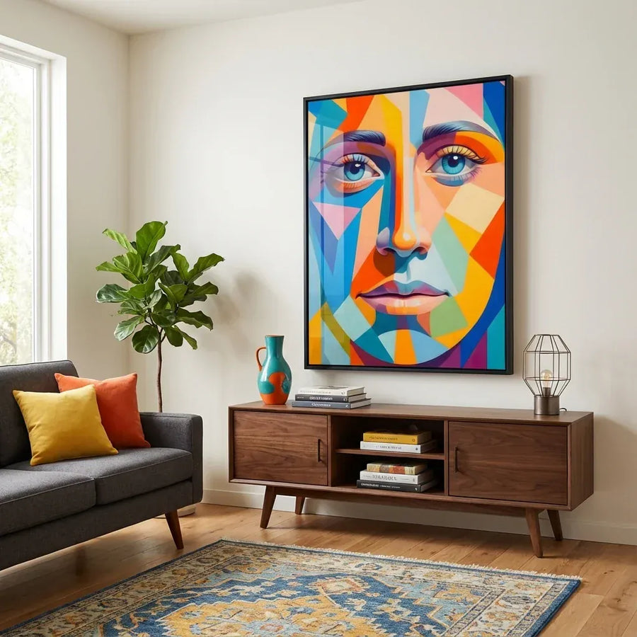 Colorful Geometric Face Art Print in a room setting