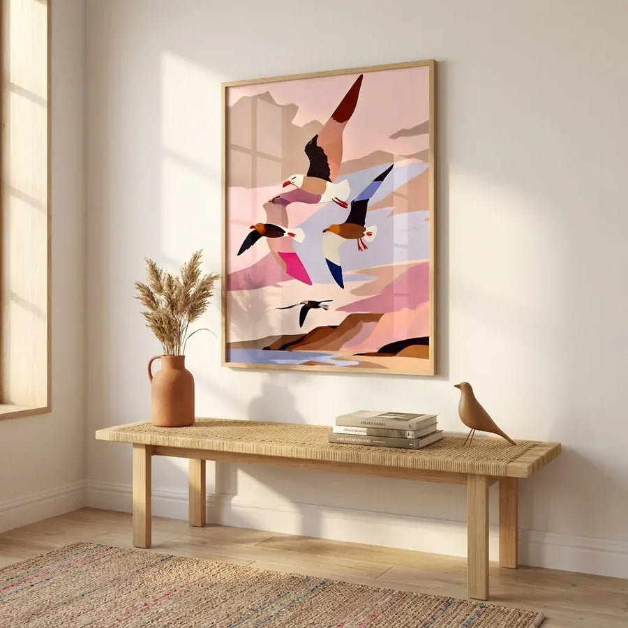 Colorful Seagulls at Sunset Art Print in a room setting