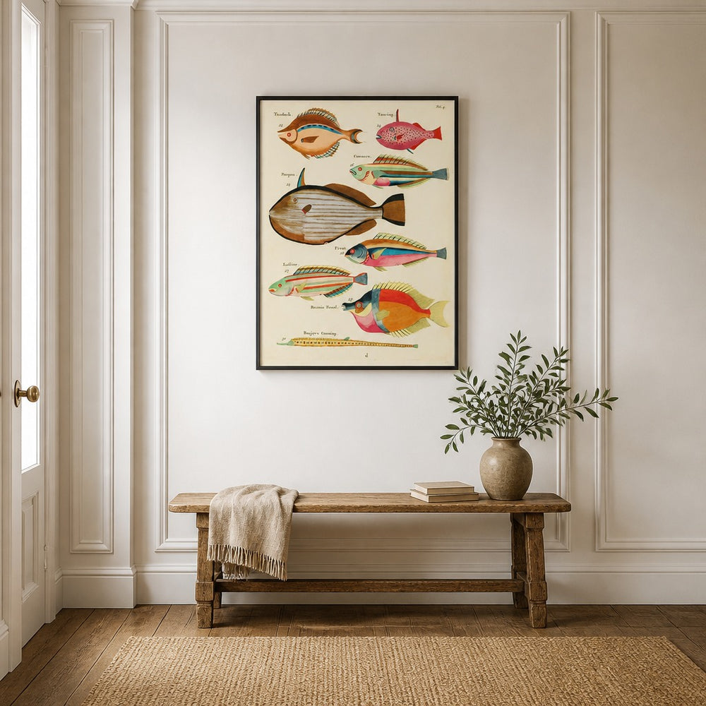 Colourful Vintage Fish by Louis Renard 1 framed in a light country home
