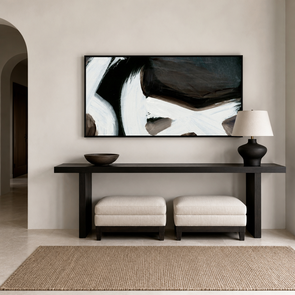 Connected Contemporary Abstract Large Canvas Art shown in a styled room