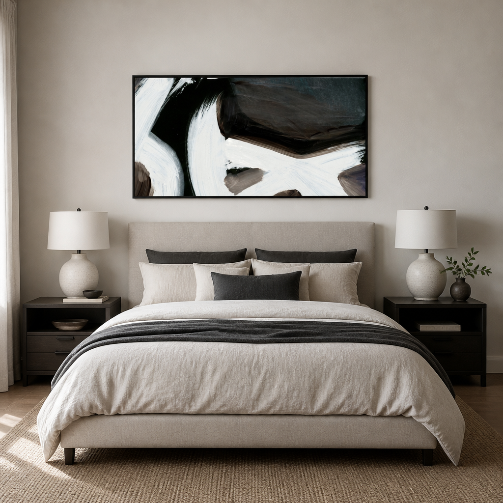 Connected Contemporary Abstract Large Canvas Art shown in a styled room
