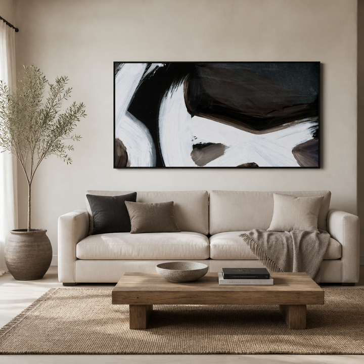 Connected Contemporary Abstract Large Canvas Art above a living-room couch