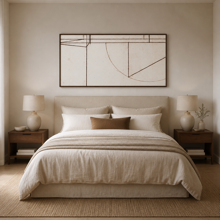 Contemporary Abstract Minmod 2 Large Canvas Art above a king bed