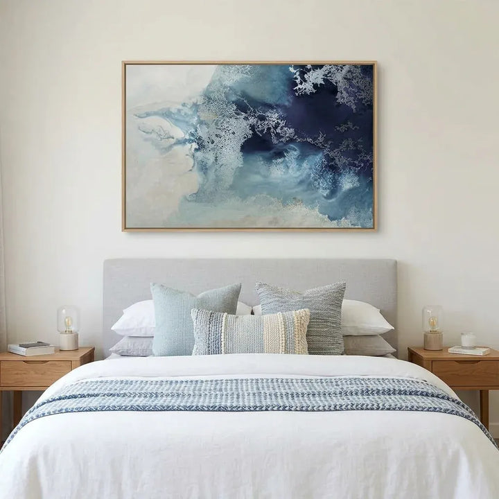 Room mockup featuring Coral Whispers Abstract Art Print By Petra Meikle de Vlas
