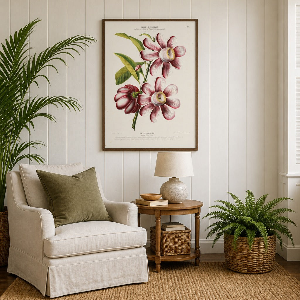 Couroupita Flower Vintage Botanical Art Print in a styled room