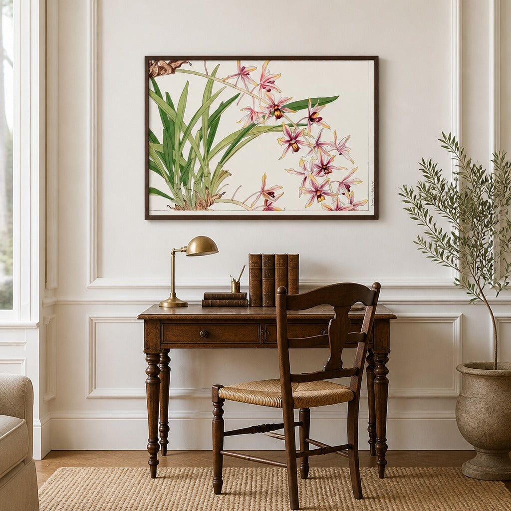 Cymbidium Orchid Japanese Woodblock framed in a traditional home