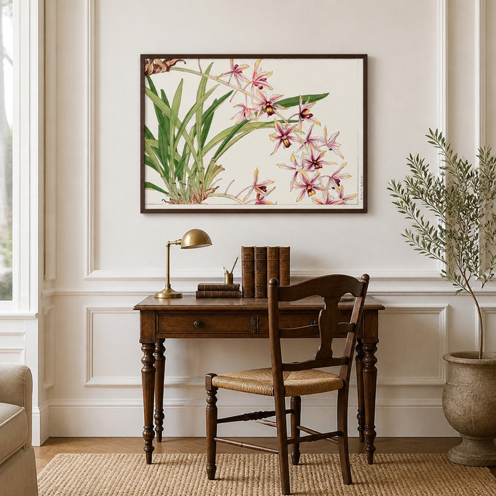Cymbidium Orchid Japanese Woodblock framed in a traditional home