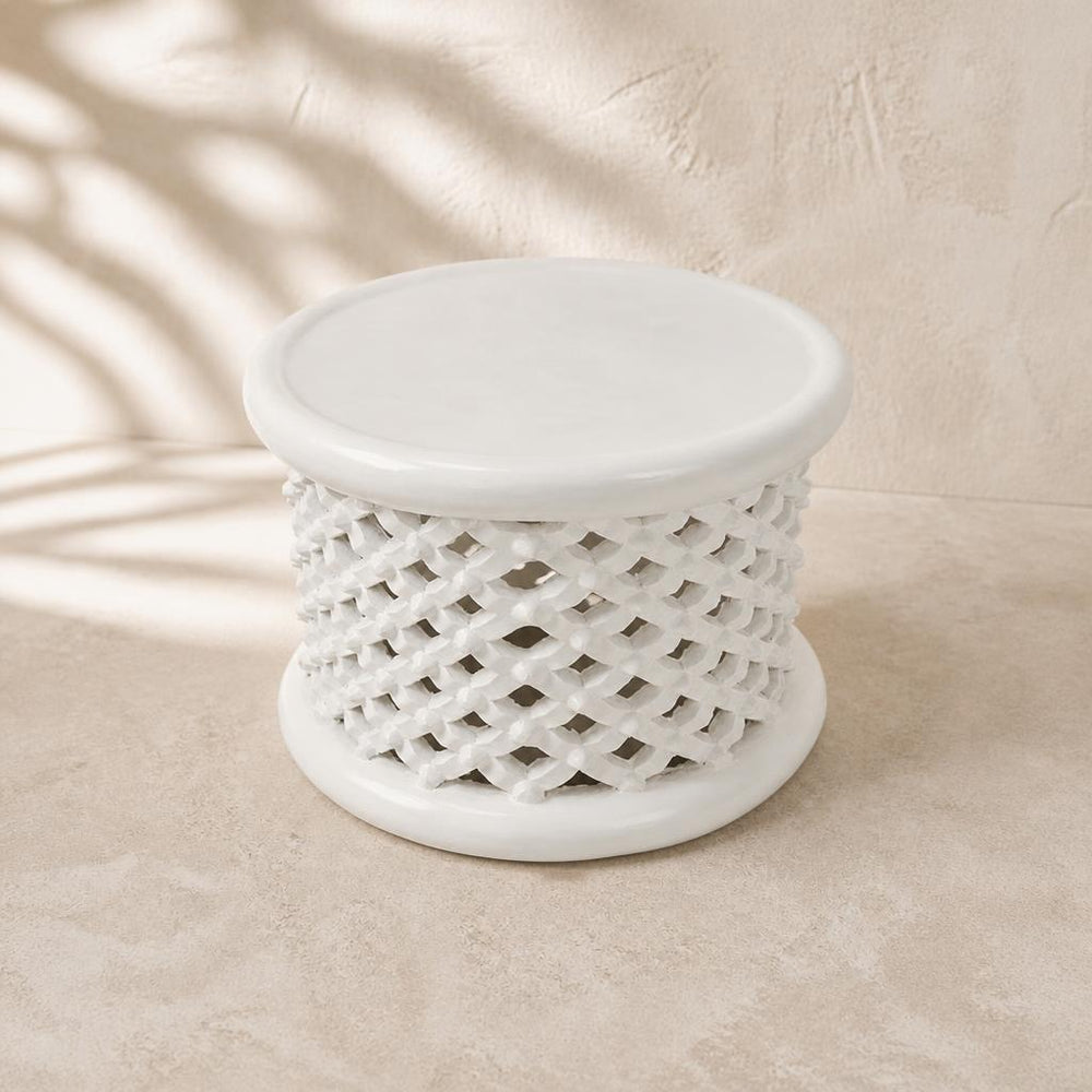 White Bamileke Stool, Ø60 × H40 cm studio view