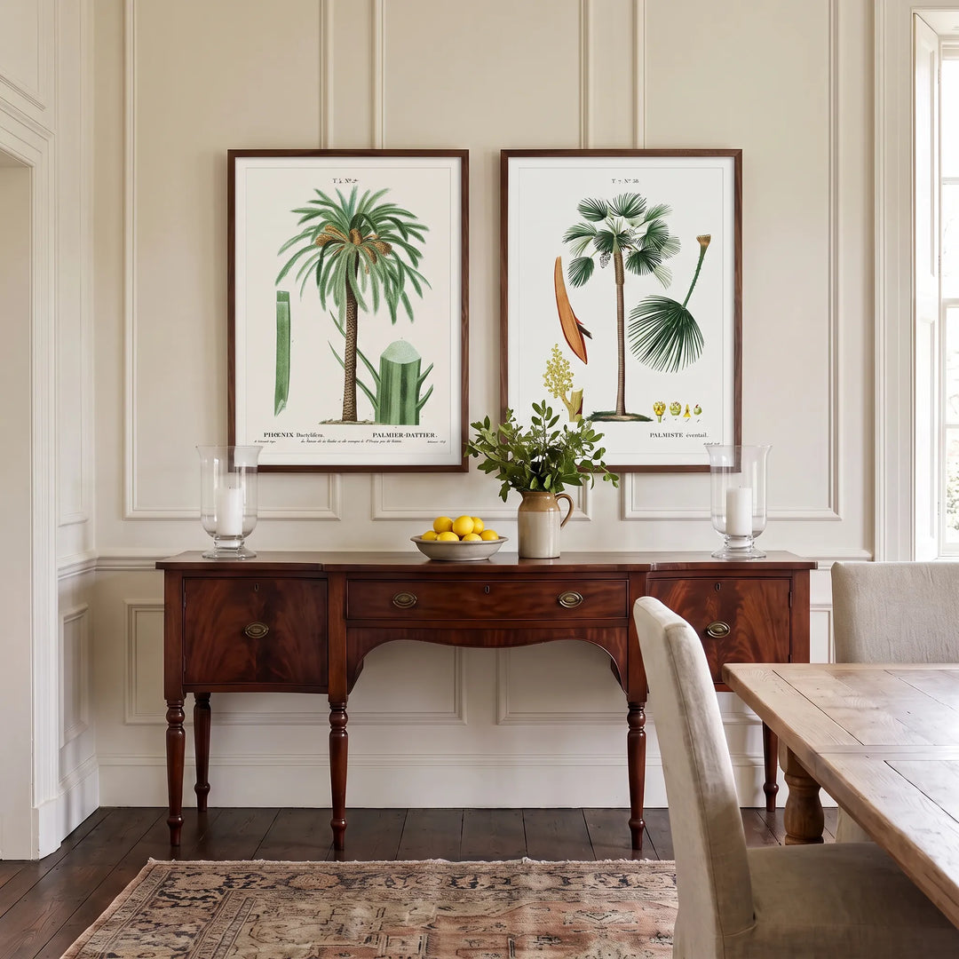 Date Palm and Mediterranean Fan Palm Vintage Palm Pair framed above a dining room server