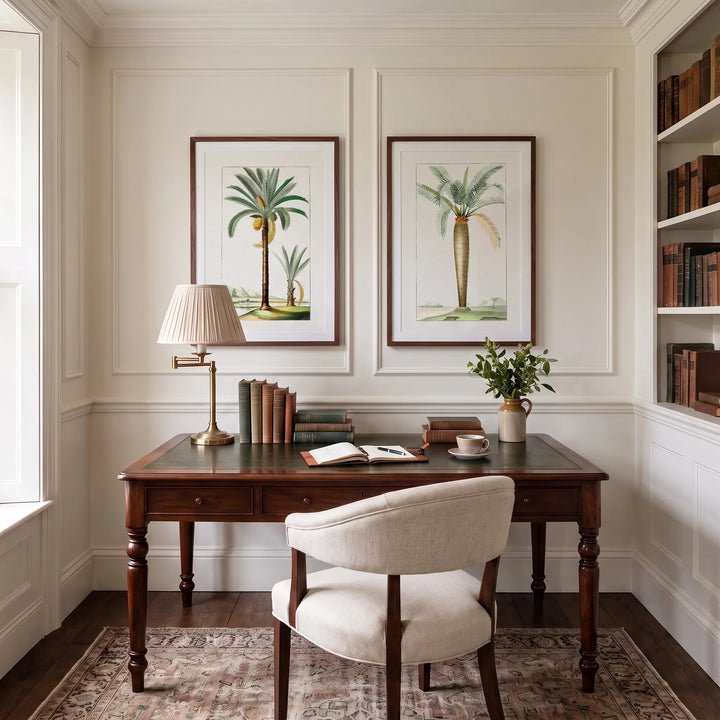Date Palm Landscapes Vintage Palm Pair framed above a study desk