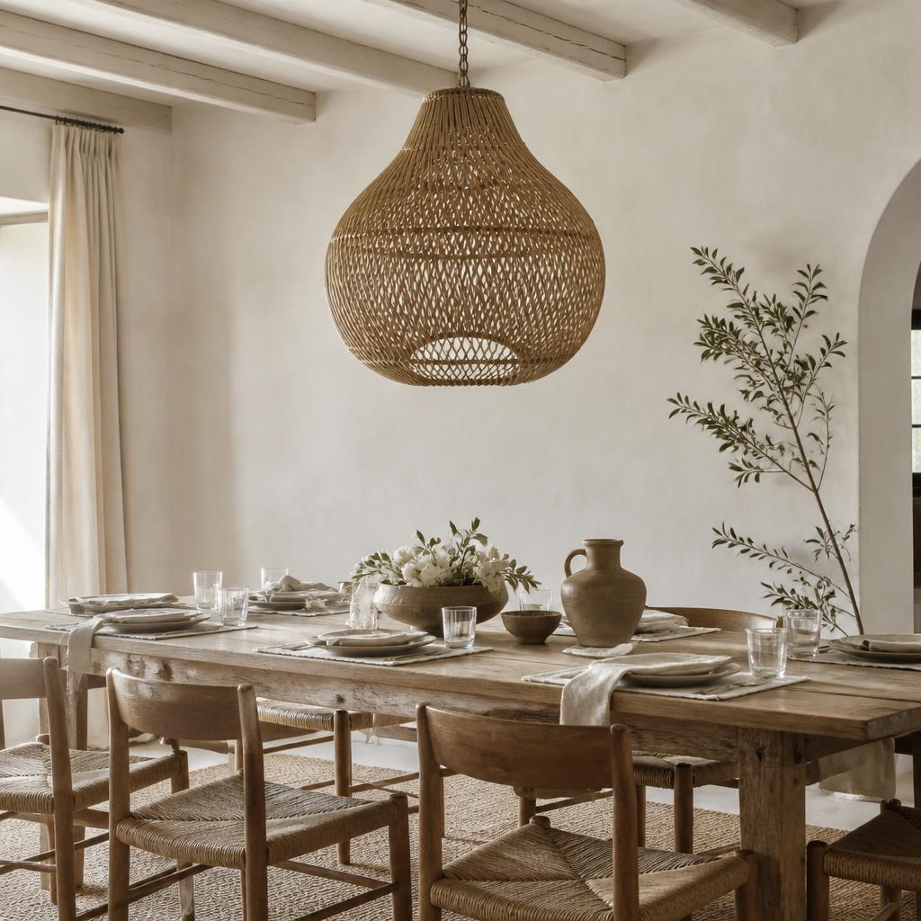 Droplet Rattan Pendant Light shown in a styled room