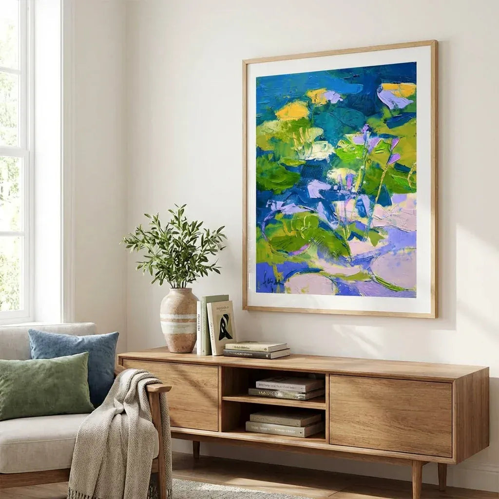 Room mockup featuring Lily Pond Symphony - Abstract Art Print By Dorothy Fagan