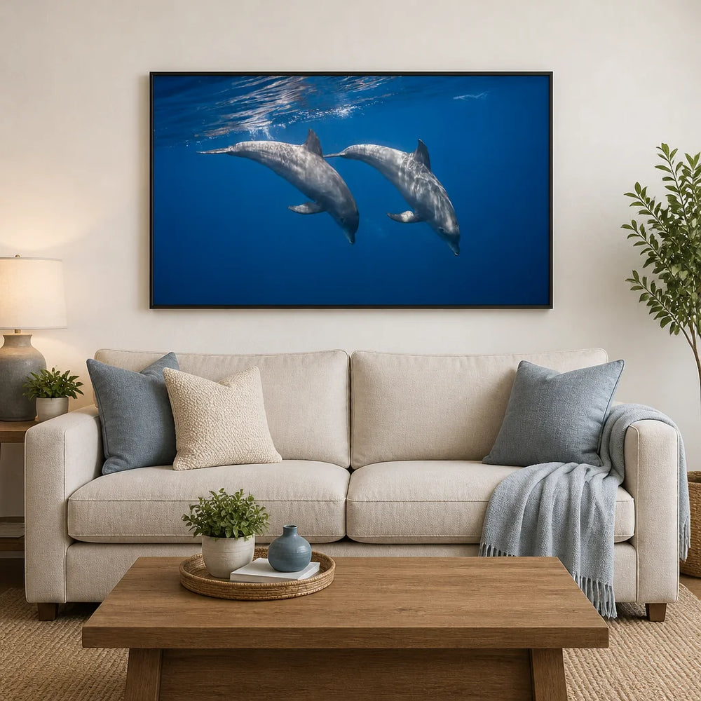 Room mockup featuring Dolphin Dance Harmony Photo Print