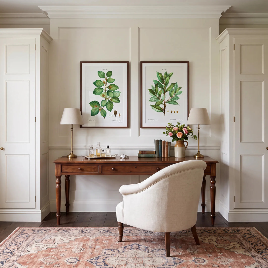 European Beech and Bay Laurel Vintage Leaf Pair framed above a dressing table