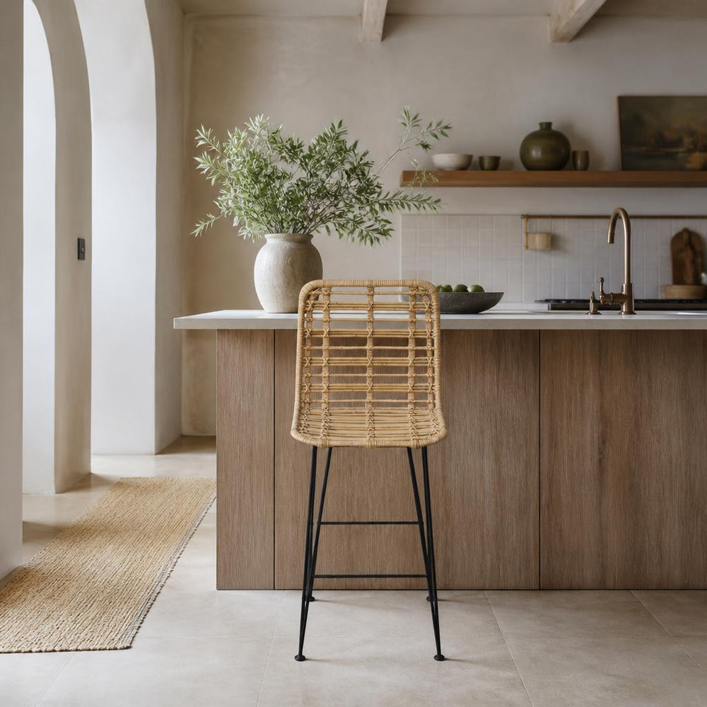 Square-Weave Rattan Counter Chair styled in a room
